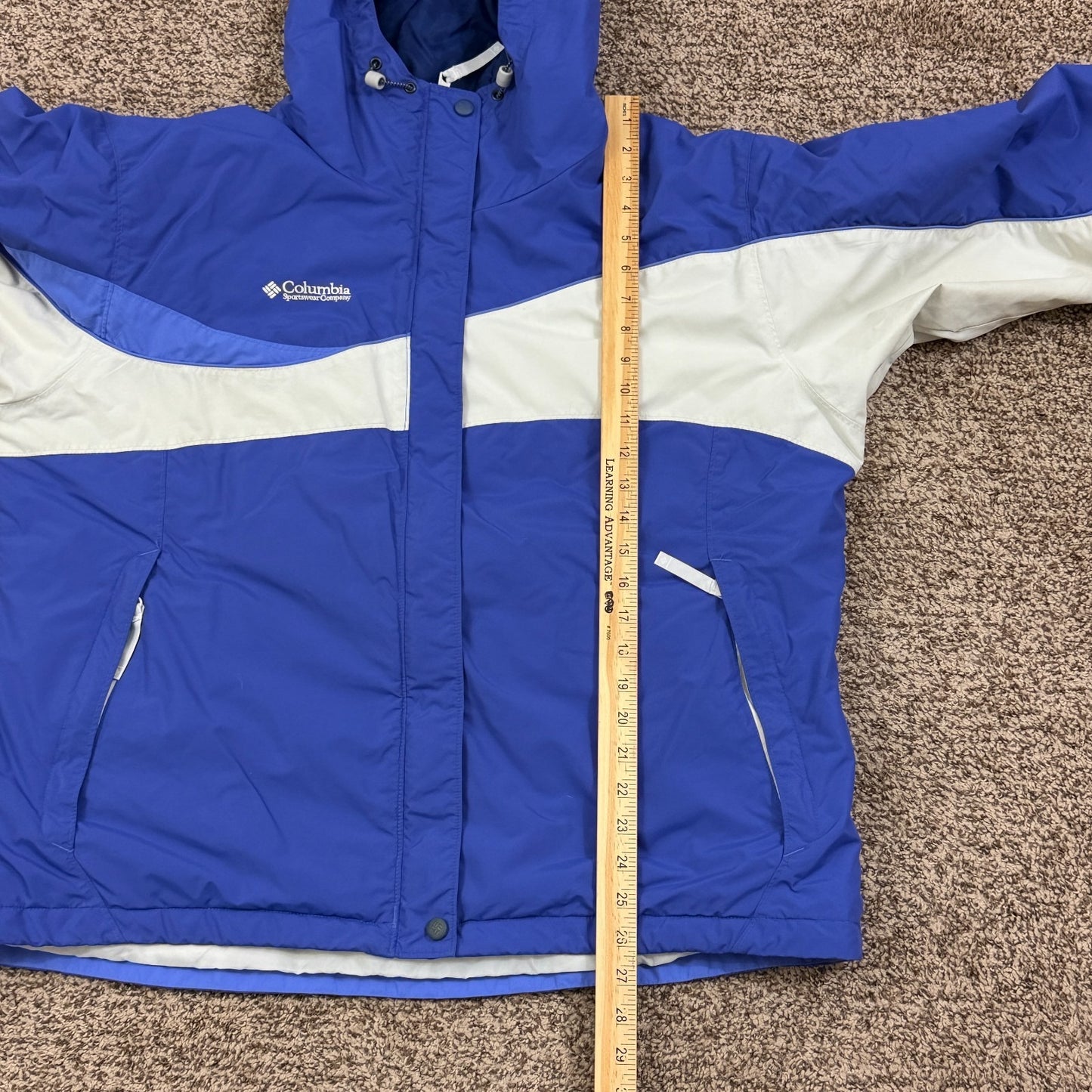 Columbia Women’s 1X Winter Jacket Blue White Hooded Fleece Lined Ski Coat