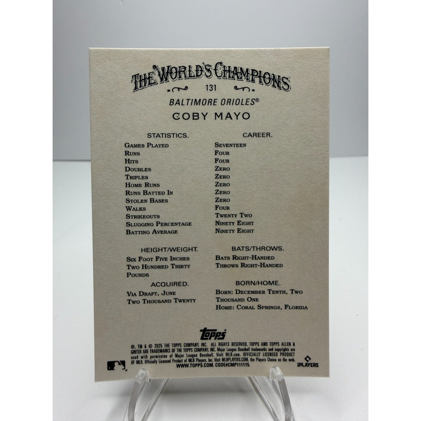 2025 Topps Allen & Ginter - Coby Mayo (RC) #131