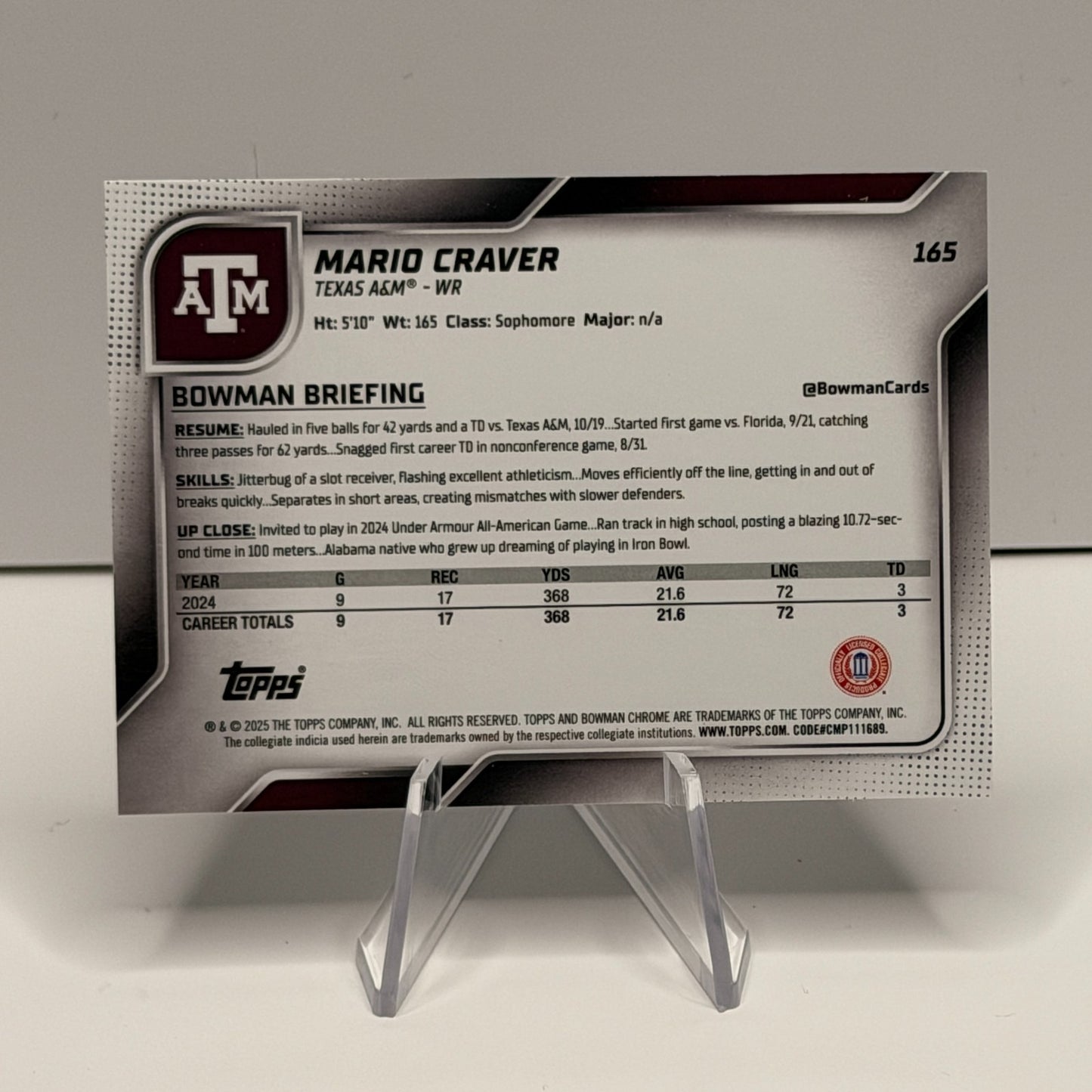 2025 Bowman Chrome U - Mario Craver #165 Texas A&M Aggies