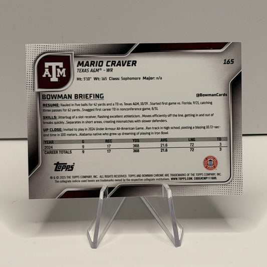 2025 Bowman Chrome U - Mario Craver #165 Texas A&M Aggies