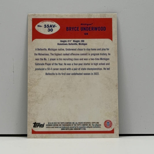 2025 Bowman Chrome U - Bryce Underwood #55AV-30 Michigan Wolverines