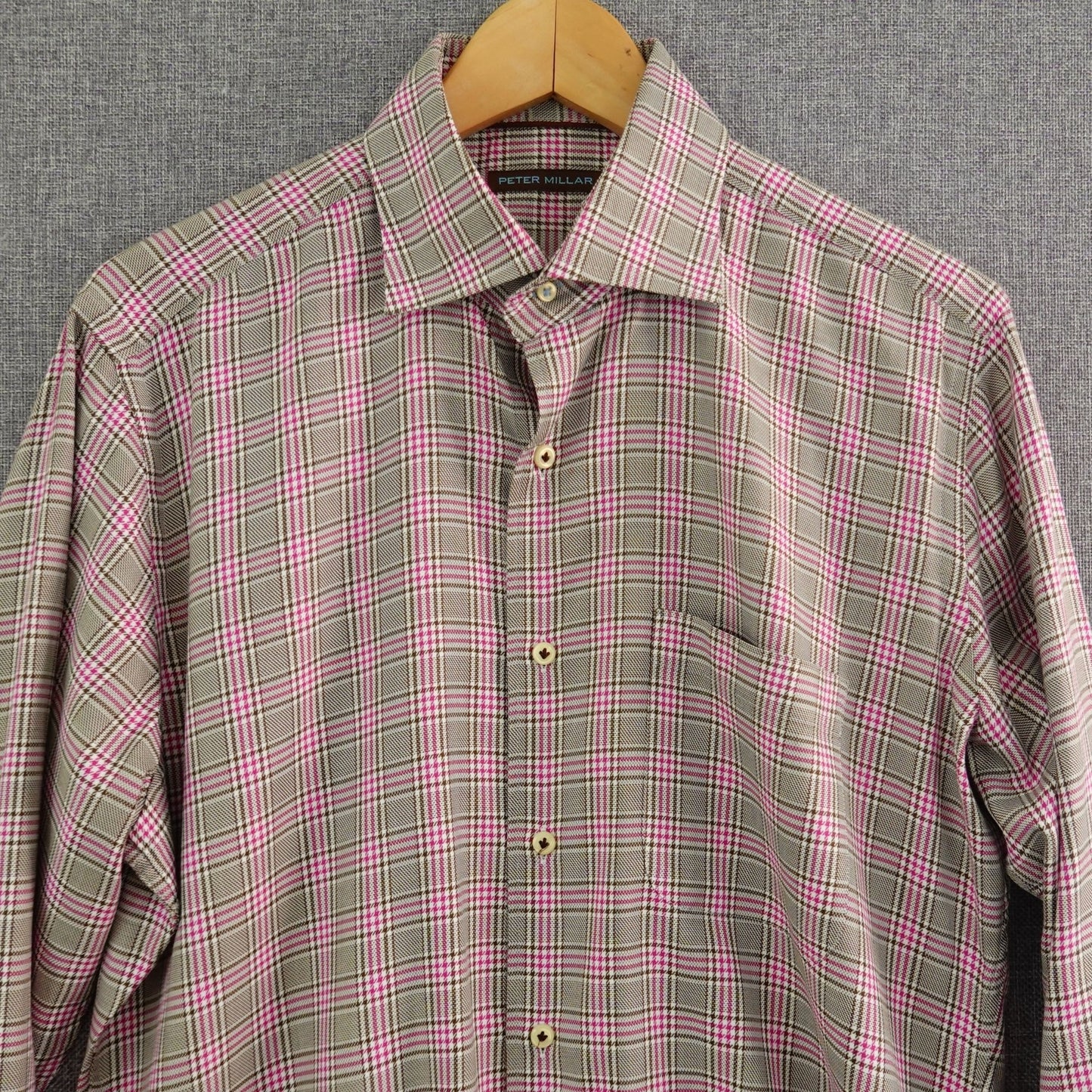 Peter Millar Pink Brown White Plaid Dress Shirt - Size M