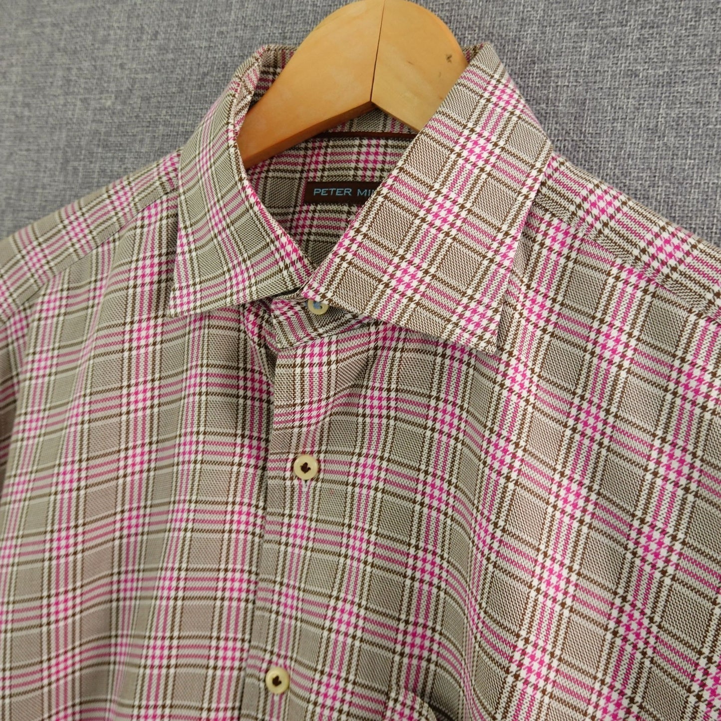 Peter Millar Pink Brown White Plaid Dress Shirt - Size M