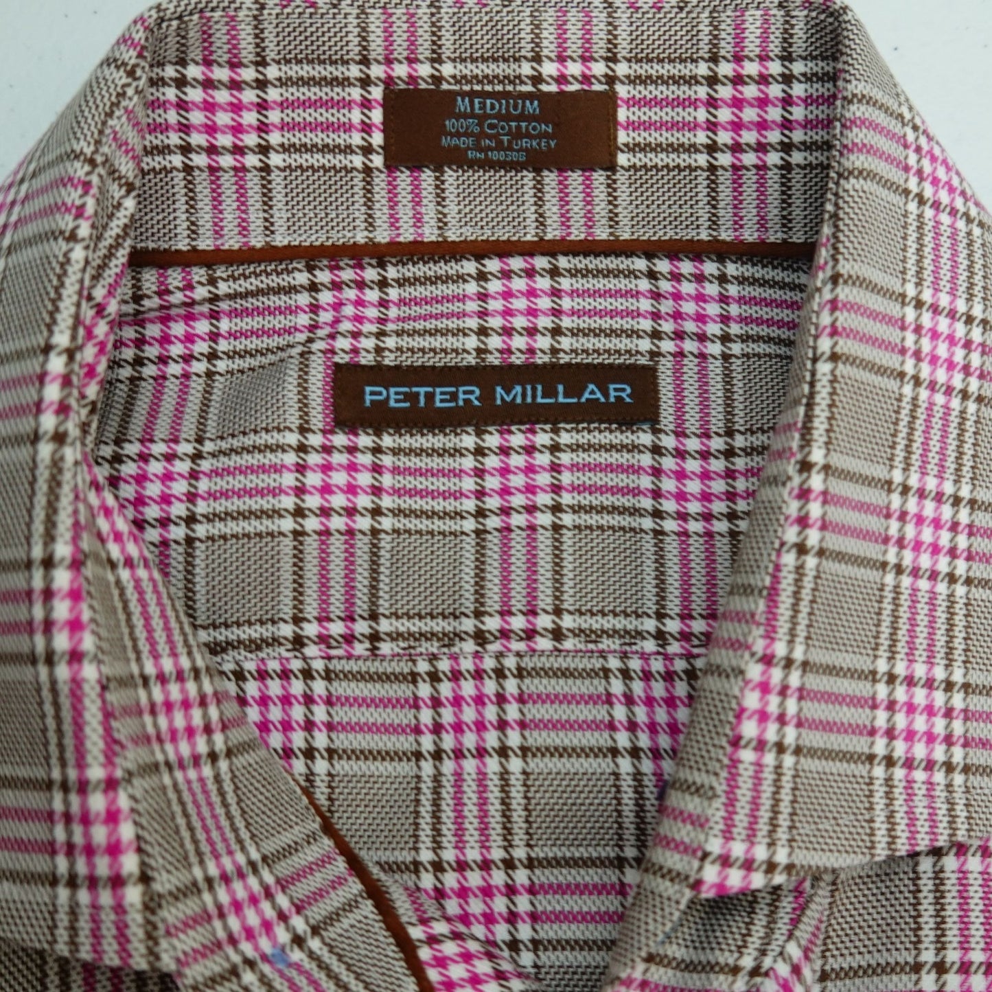 Peter Millar Pink Brown White Plaid Dress Shirt - Size M