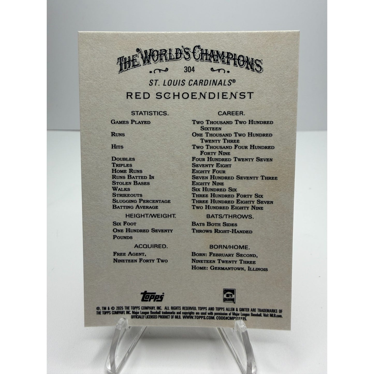 2025 Topps Allen & Ginter - Red Schoendienst #304