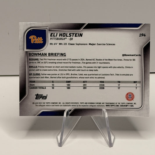 2025 Bowman Chrome U - Eli Holstein #194 Pitt Panthers