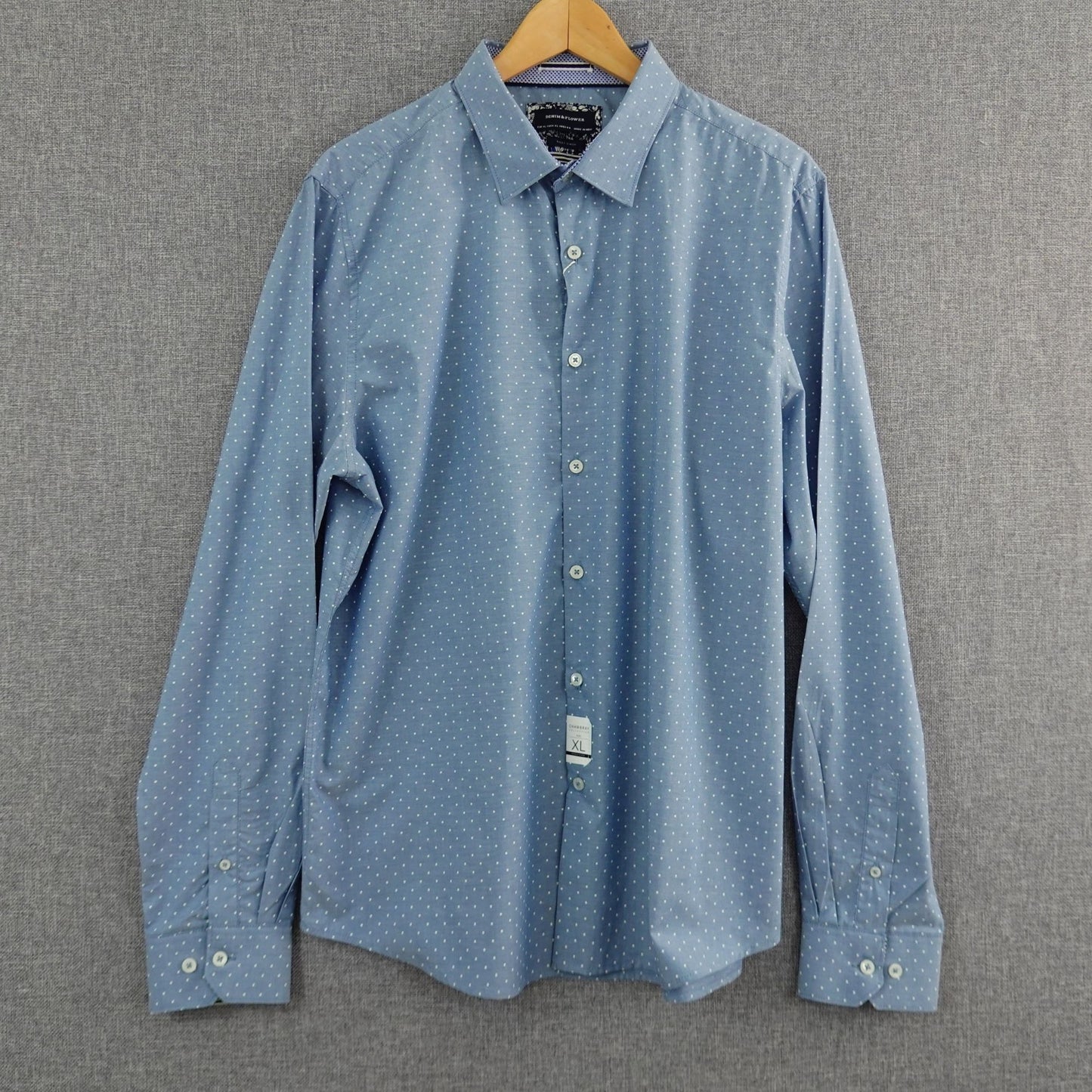Denim & Flower Ricky Singh Chambray Light Blue Polka Dot Shirt - Size XL