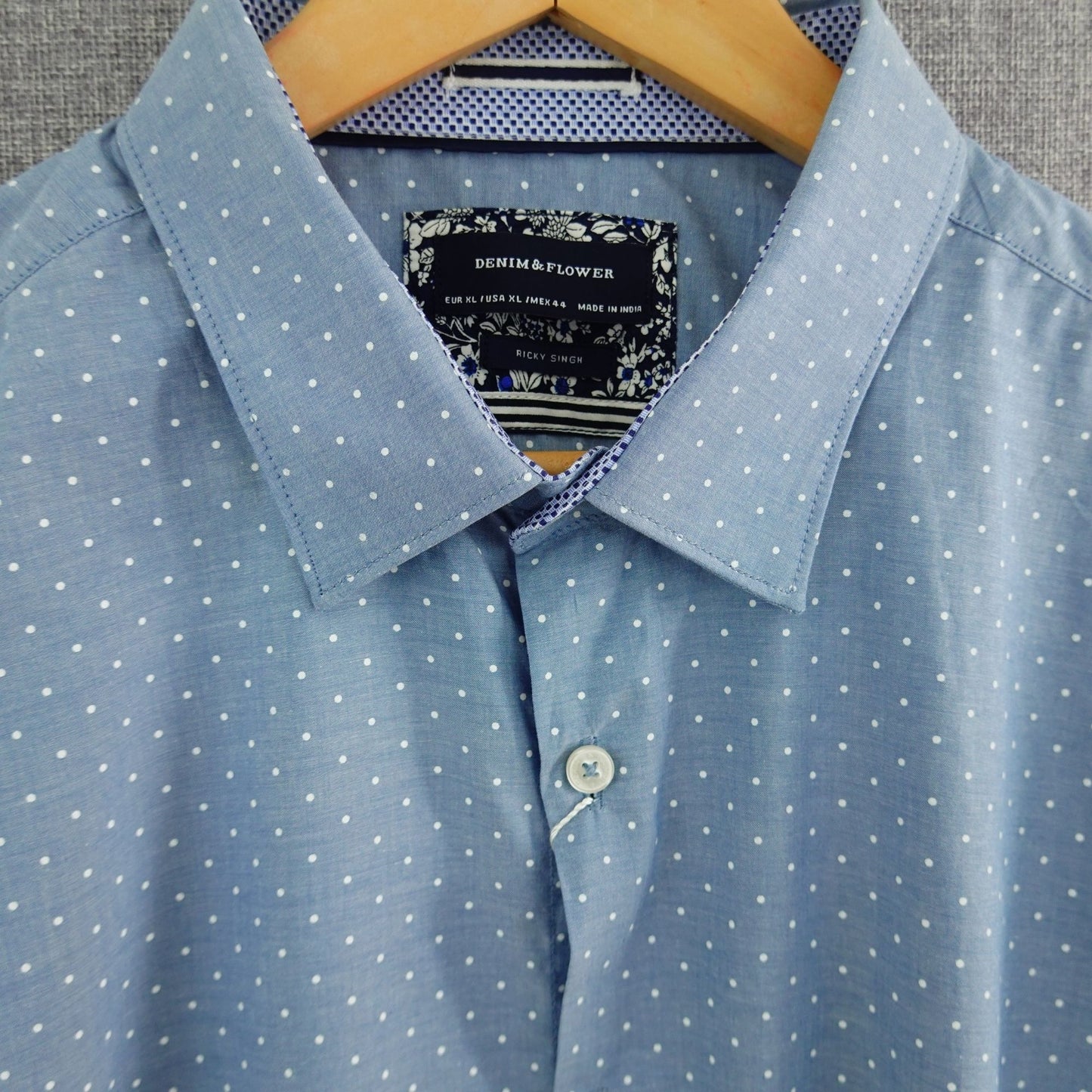 Denim & Flower Ricky Singh Chambray Light Blue Polka Dot Shirt - Size XL