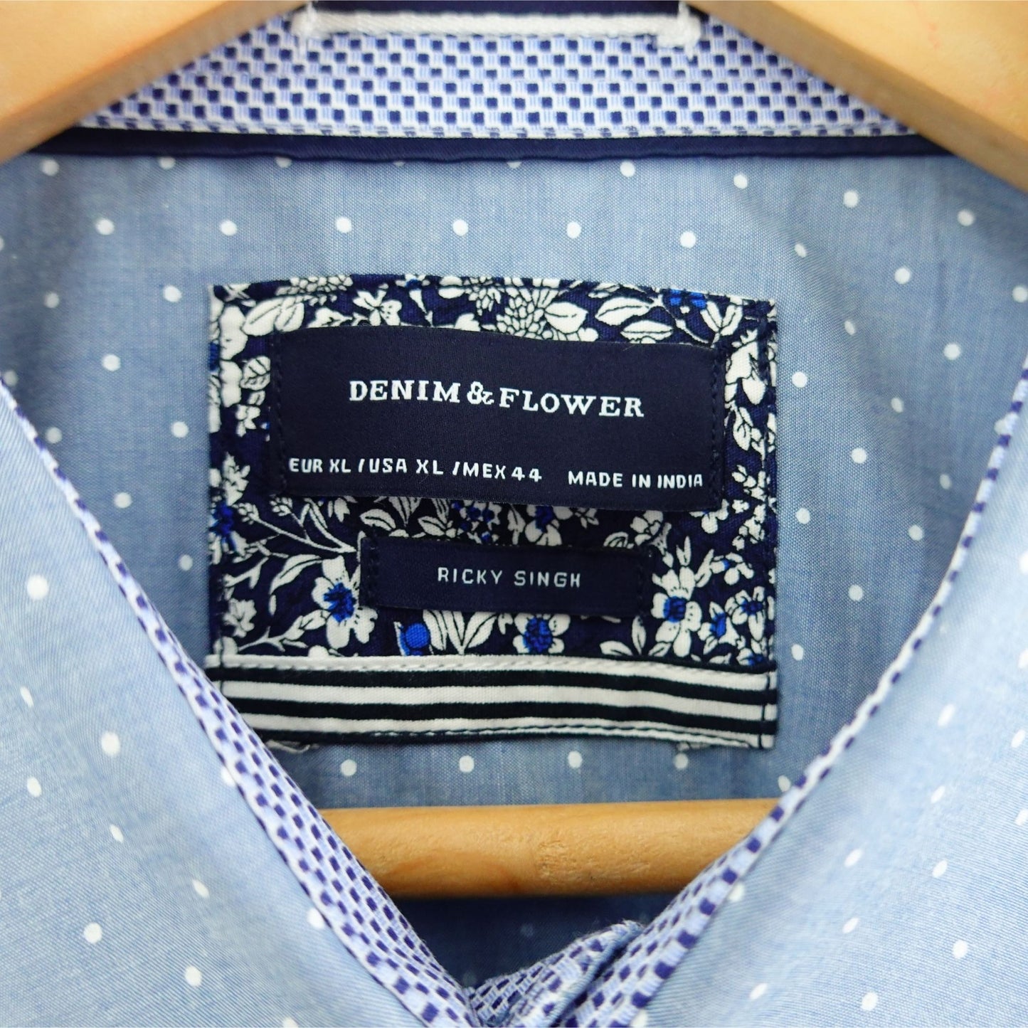 Denim & Flower Ricky Singh Chambray Light Blue Polka Dot Shirt - Size XL