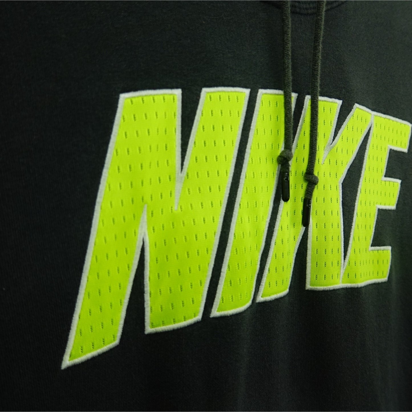 Nike Faded Black Hoodie Neon Yellow Mesh Logo - Size M