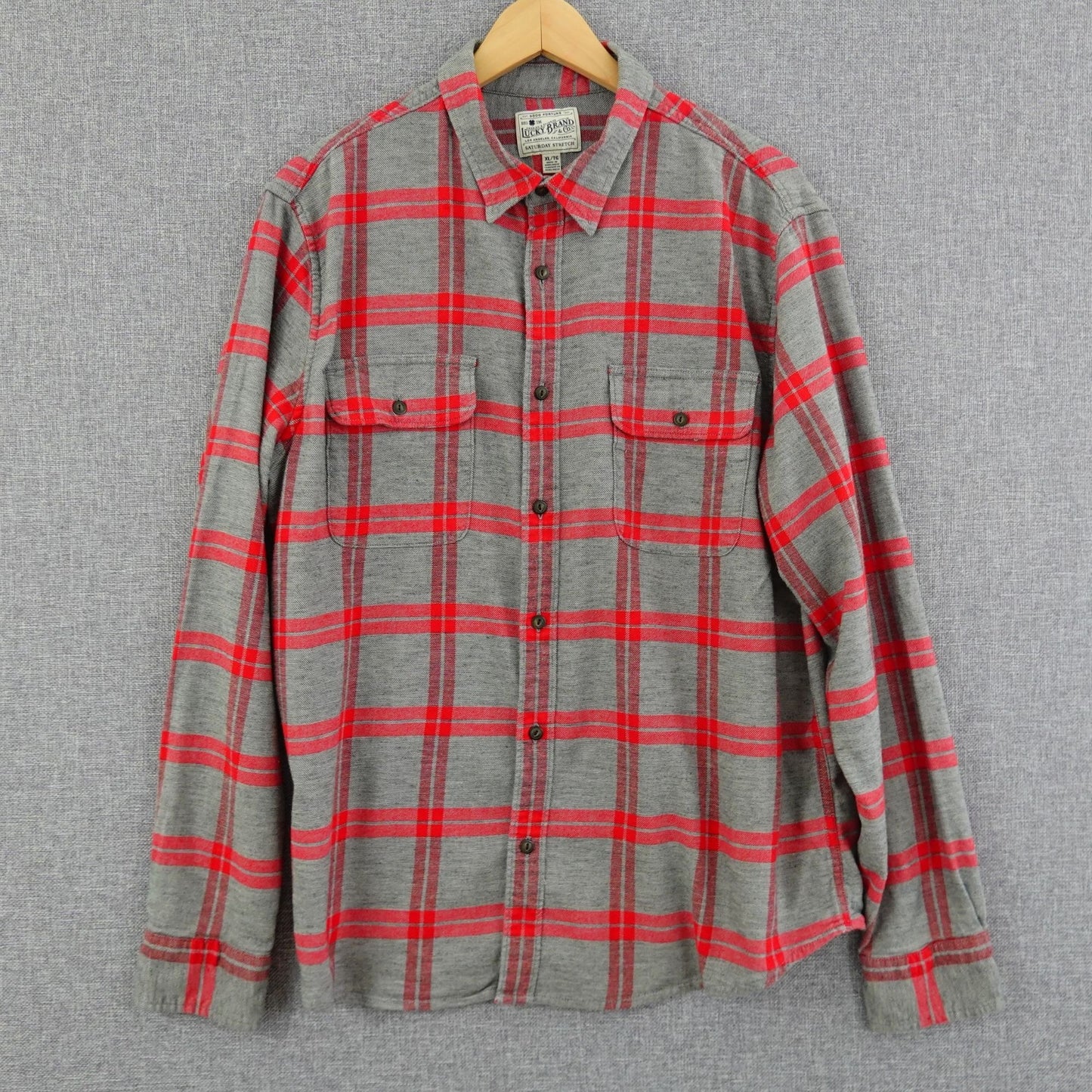 Lucky Brand Gray Red Plaid Long Sleeve Flannel Shirt - Size XL