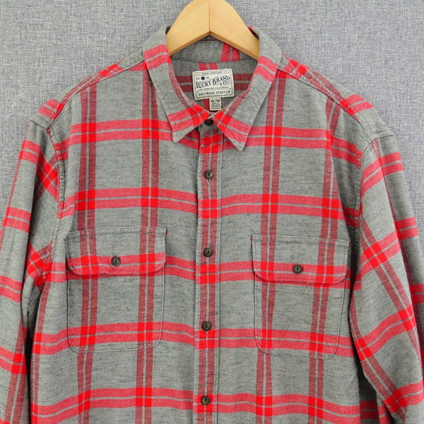 Lucky Brand Gray Red Plaid Long Sleeve Flannel Shirt - Size XL
