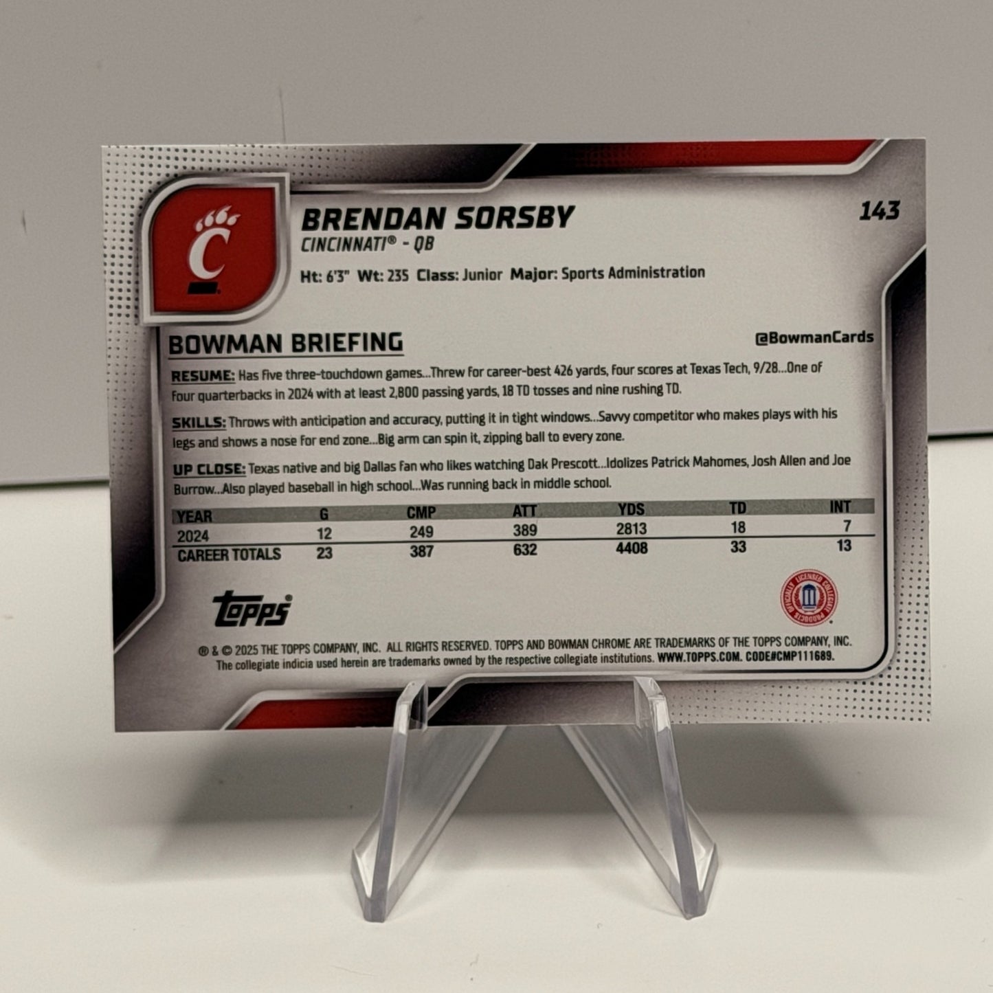 2025 Bowman Chrome U - Brendan Sorsby #143 Cincinnati Wildcats
