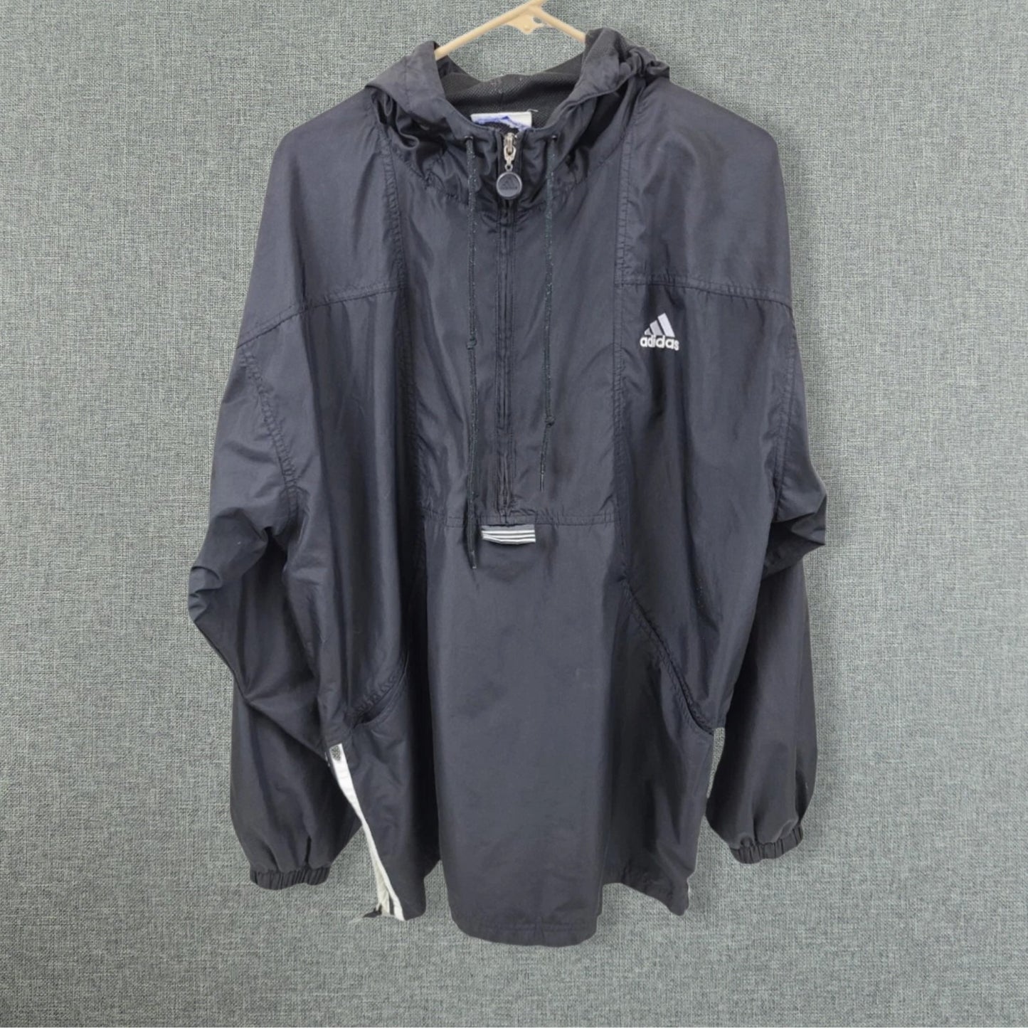 Adidas Y2K Black 3-Stripes Hooded Pullover Windbreaker Jacket - Size XL