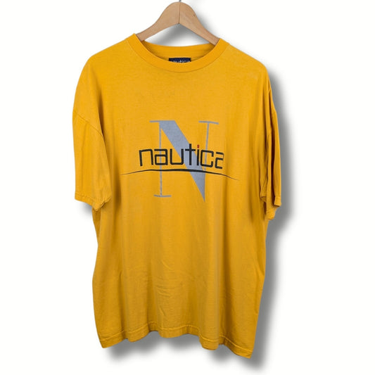 Vintage Nautica Spell Out Logo T-Shirt Yellow XL 90s Graphic Tee USA Style