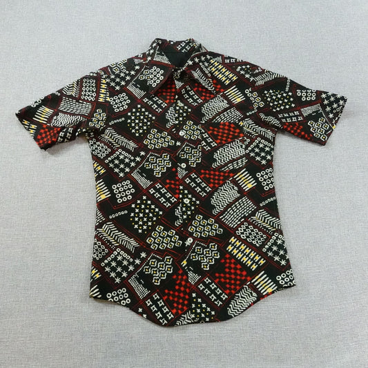 Vintage 1970s Psychedelic Disco Shirt Black Red Geometric Print - Size Small