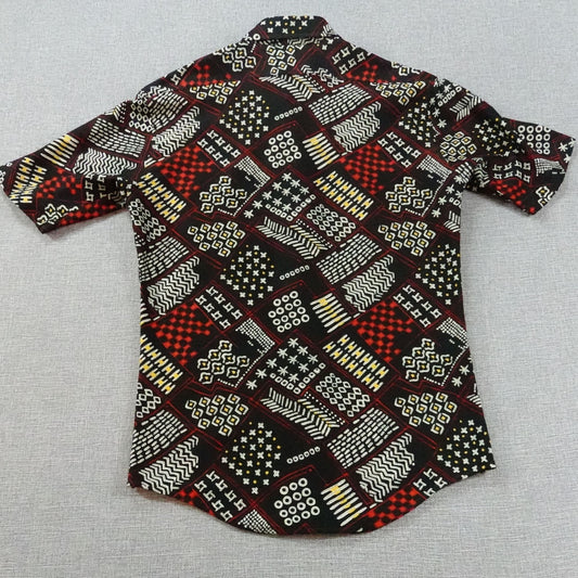 Vintage 1970s Psychedelic Disco Shirt Black Red Geometric Print - Size Small