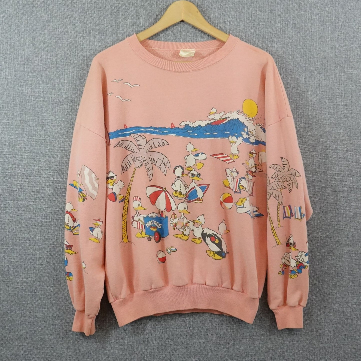 Vintage 1987 Lifestyles Duck Beach Scene Sweatshirt Pink Crewneck - Size L