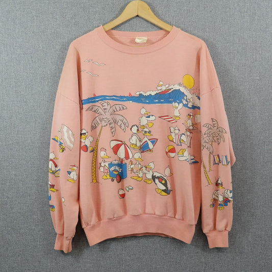 Vintage 1987 Lifestyles Duck Beach Scene Sweatshirt Pink Crewneck - Size L