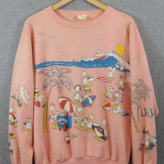 Vintage 1987 Lifestyles Duck Beach Scene Sweatshirt Pink Crewneck - Size L