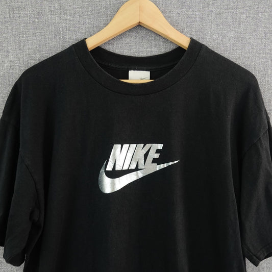 Vintage Y2K Nike Metallic Silver Logo Black T-Shirt - Size L