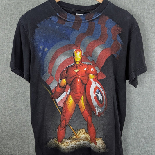 Marvel Iron Man American Flag Captain America Shield Tee Black - Size Medium
