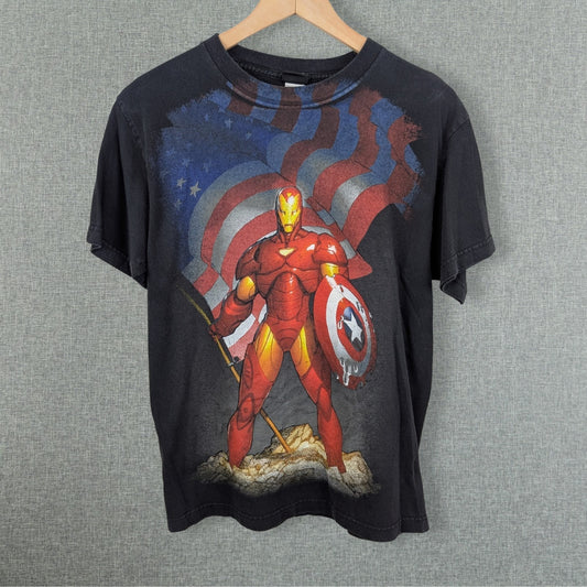 Marvel Iron Man American Flag Captain America Shield Tee Black - Size Medium
