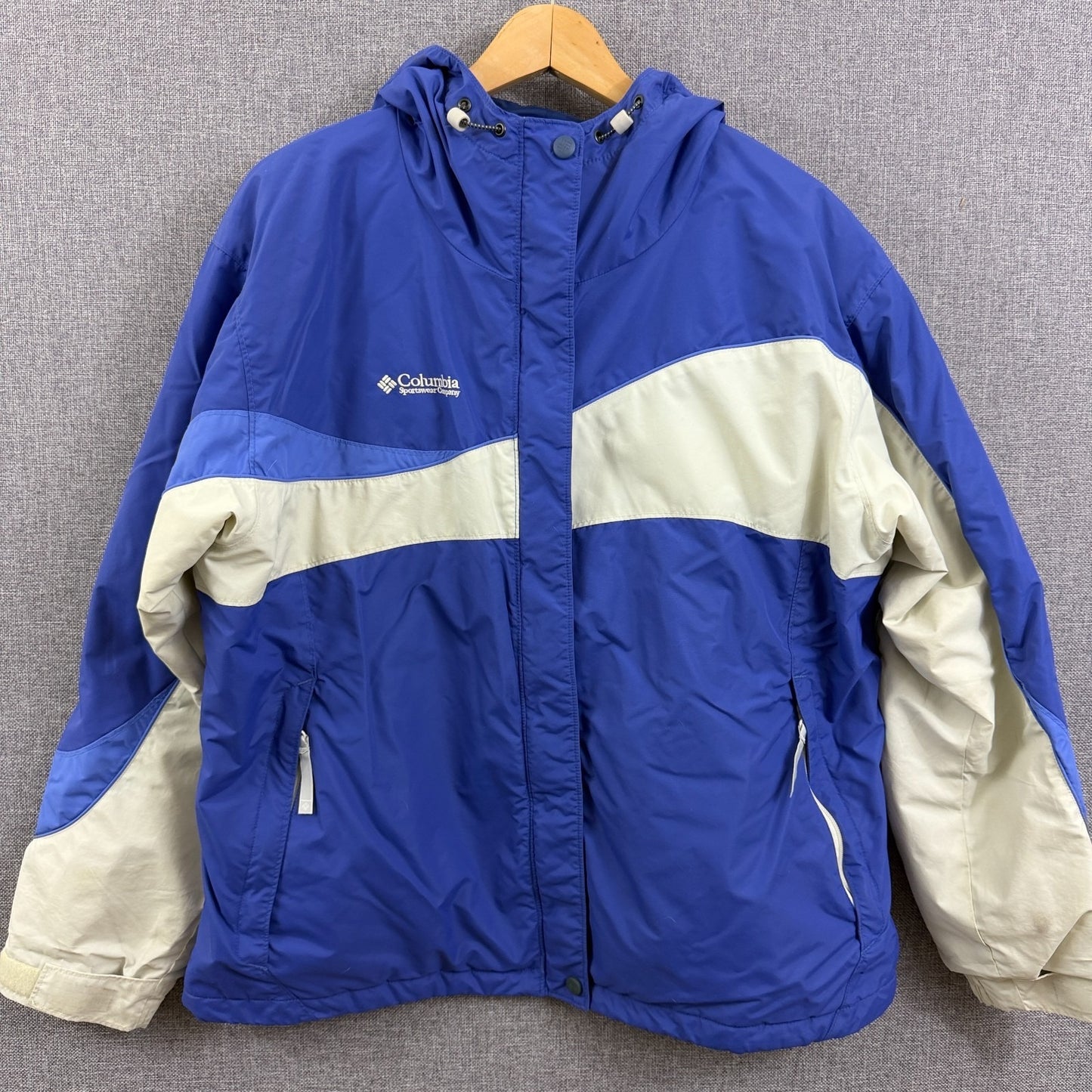 Columbia Women’s 1X Winter Jacket Blue White Hooded Fleece Lined Ski Coat