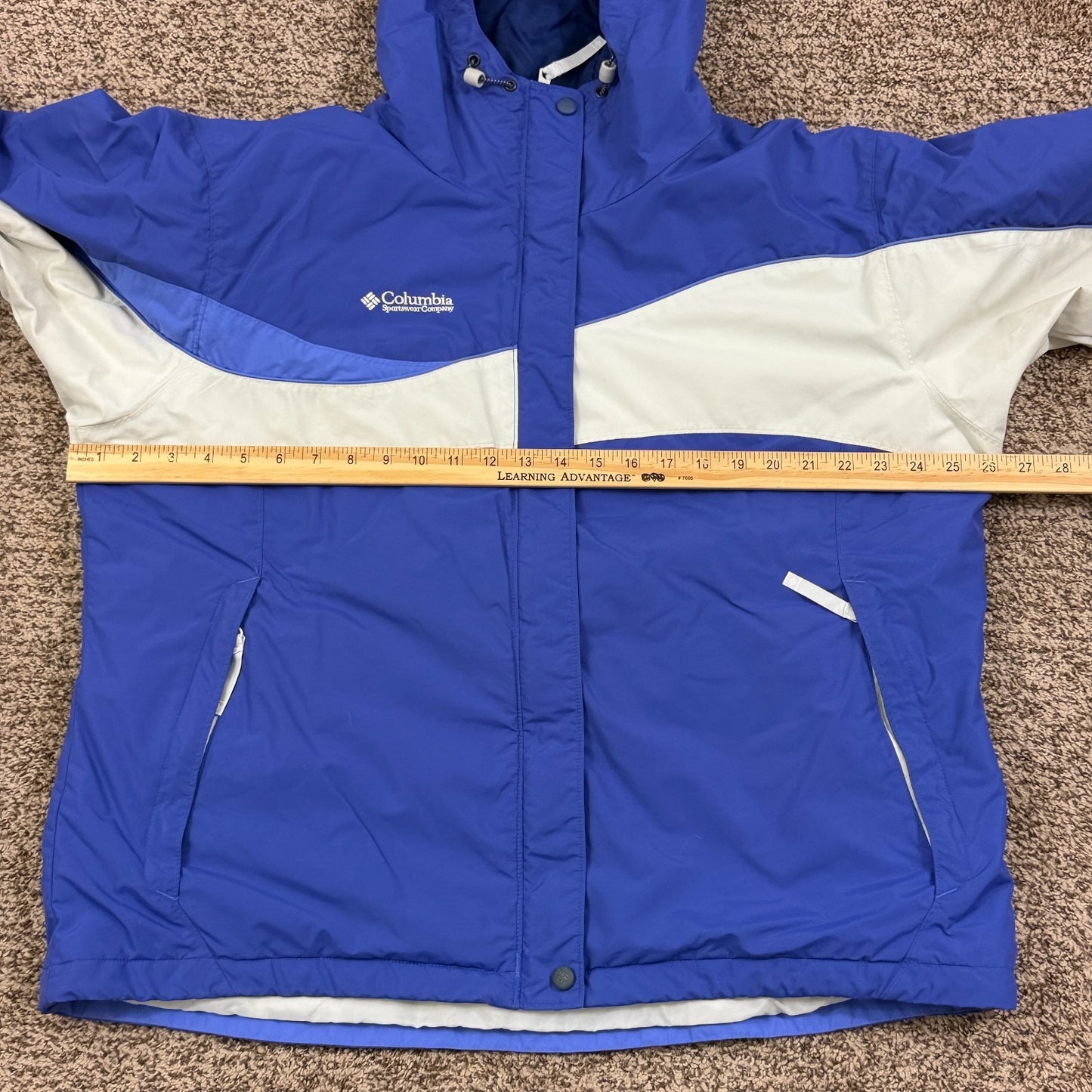 Columbia Women’s 1X Winter Jacket Blue White Hooded Fleece Lined Ski Coat