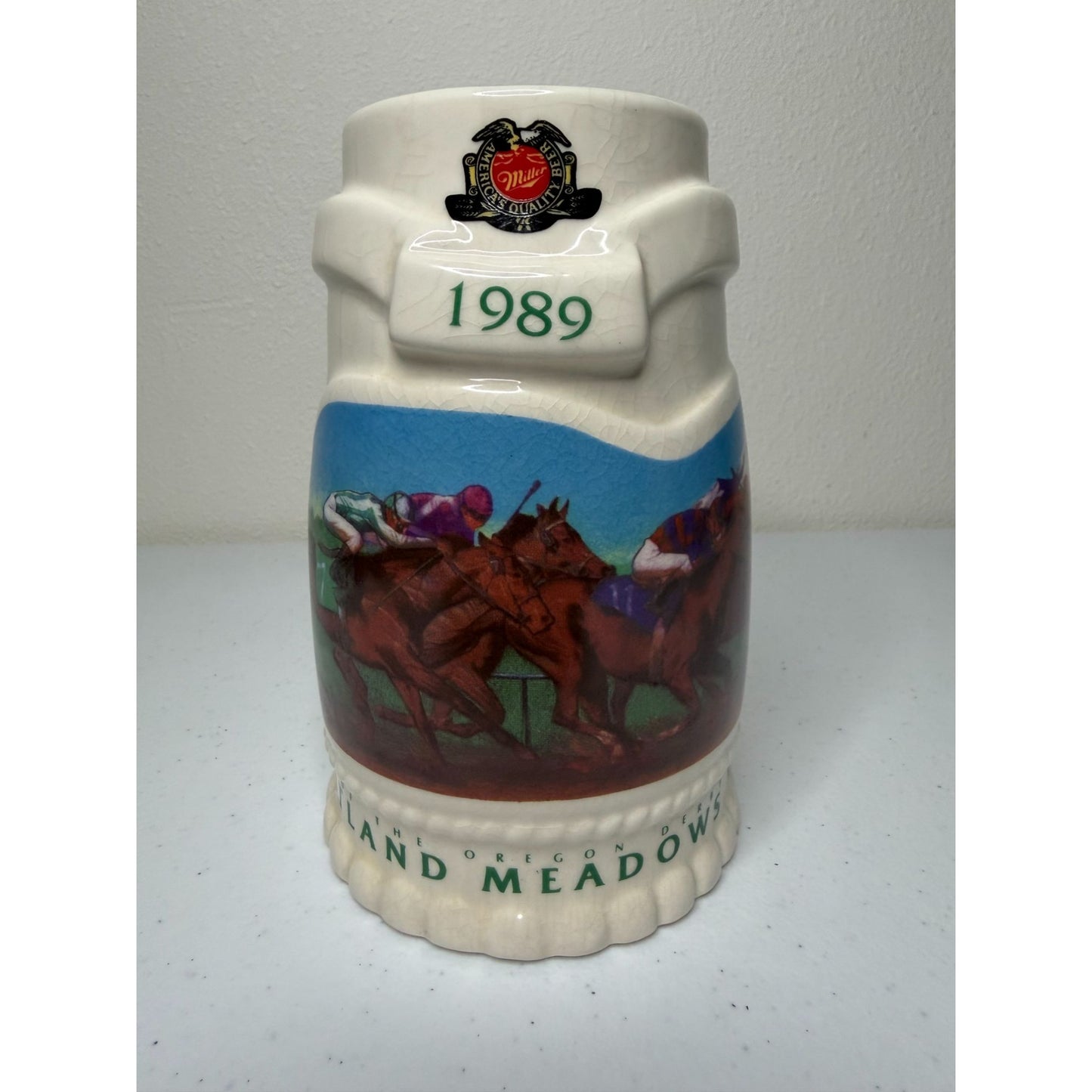 VTG 1989 Miller High Life Portland Meadows Oregon Derby 16oz Beer Stein