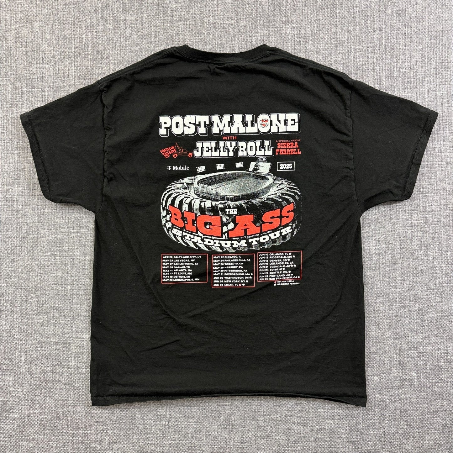 Post Malone Jelly Roll Big Ass Stadium Tour 2025 T-Shirt Black Sz L Concert Tee