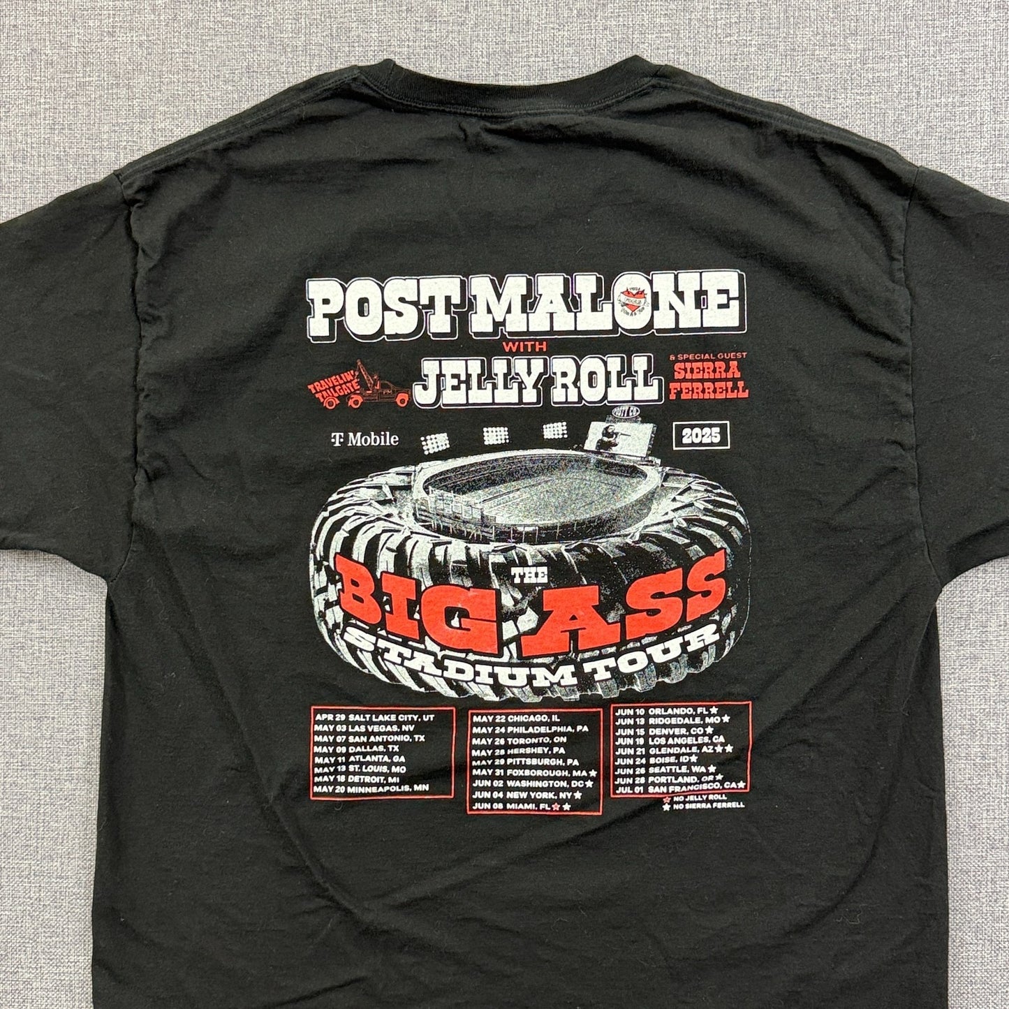 Post Malone Jelly Roll Big Ass Stadium Tour 2025 T-Shirt Black Sz L Concert Tee
