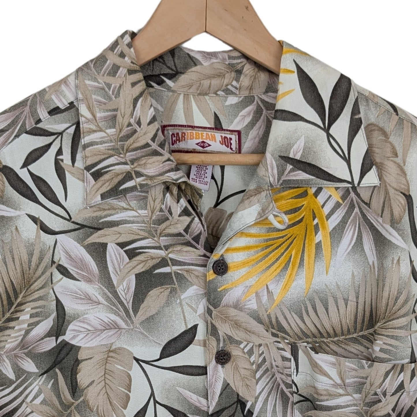 Caribbean Joe Hawaiian Shirt - Size M - Yellow Gray Palm Leaf Rayon