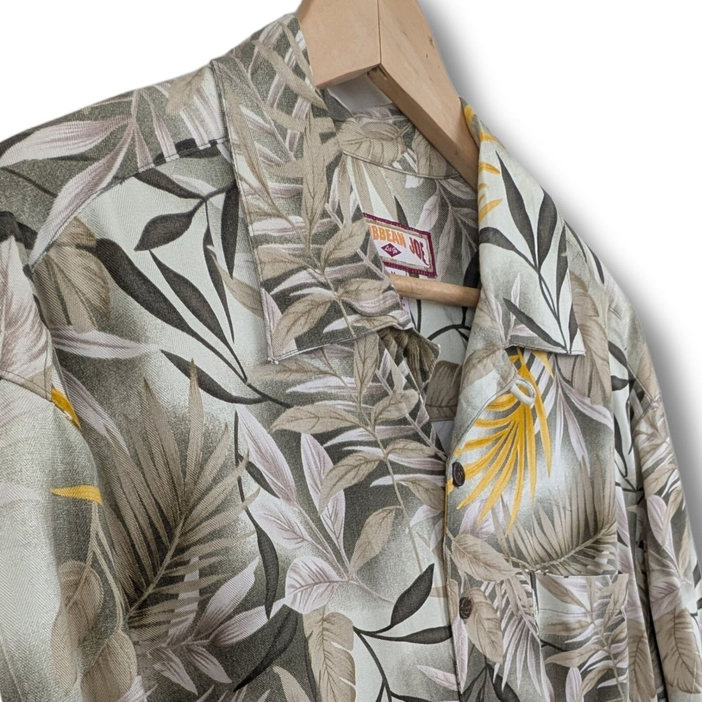 Caribbean Joe Hawaiian Shirt - Size M - Yellow Gray Palm Leaf Rayon