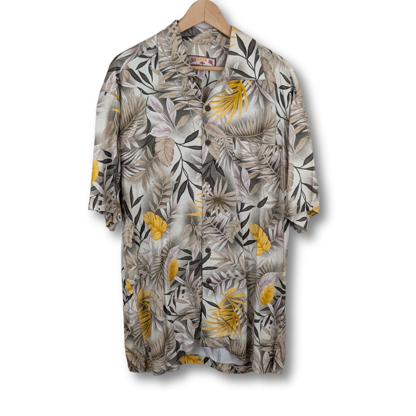 Caribbean Joe Hawaiian Shirt - Size M - Yellow Gray Palm Leaf Rayon