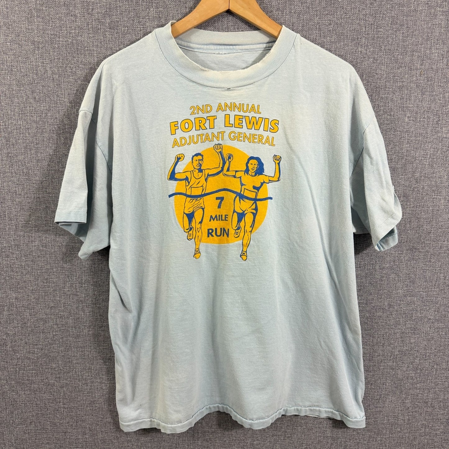 VTG 80s Fort Lewis 2nd Annual 7 Mile Run T-Shirt XL Light Blue Worn & Faded