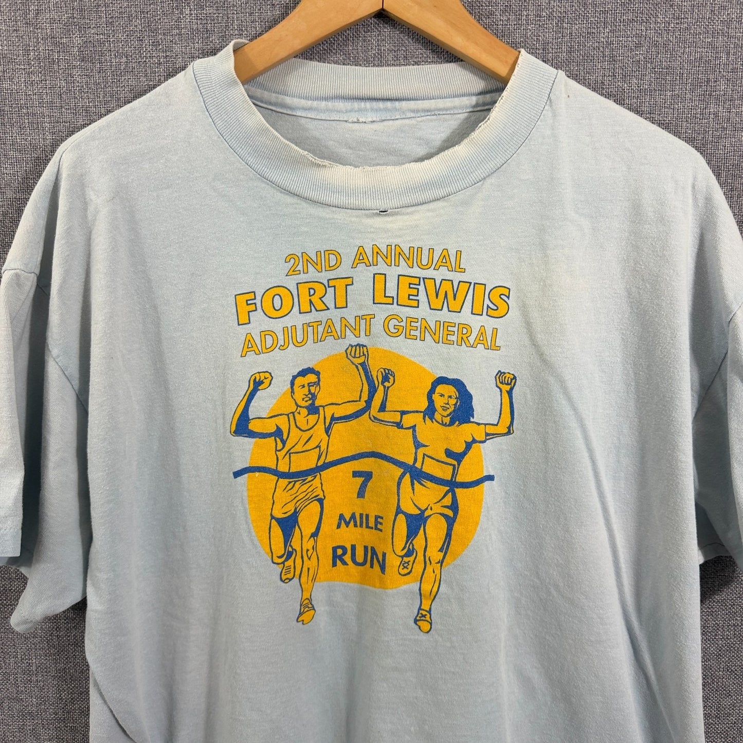 VTG 80s Fort Lewis 2nd Annual 7 Mile Run T-Shirt XL Light Blue Worn & Faded