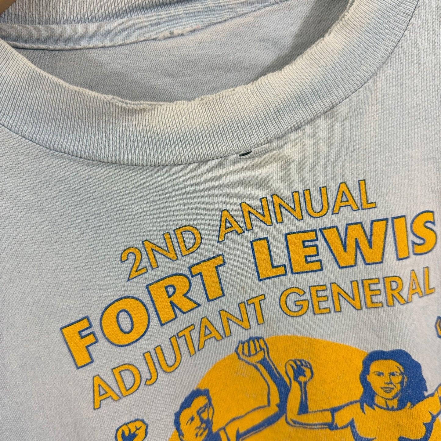 VTG 80s Fort Lewis 2nd Annual 7 Mile Run T-Shirt XL Light Blue Worn & Faded