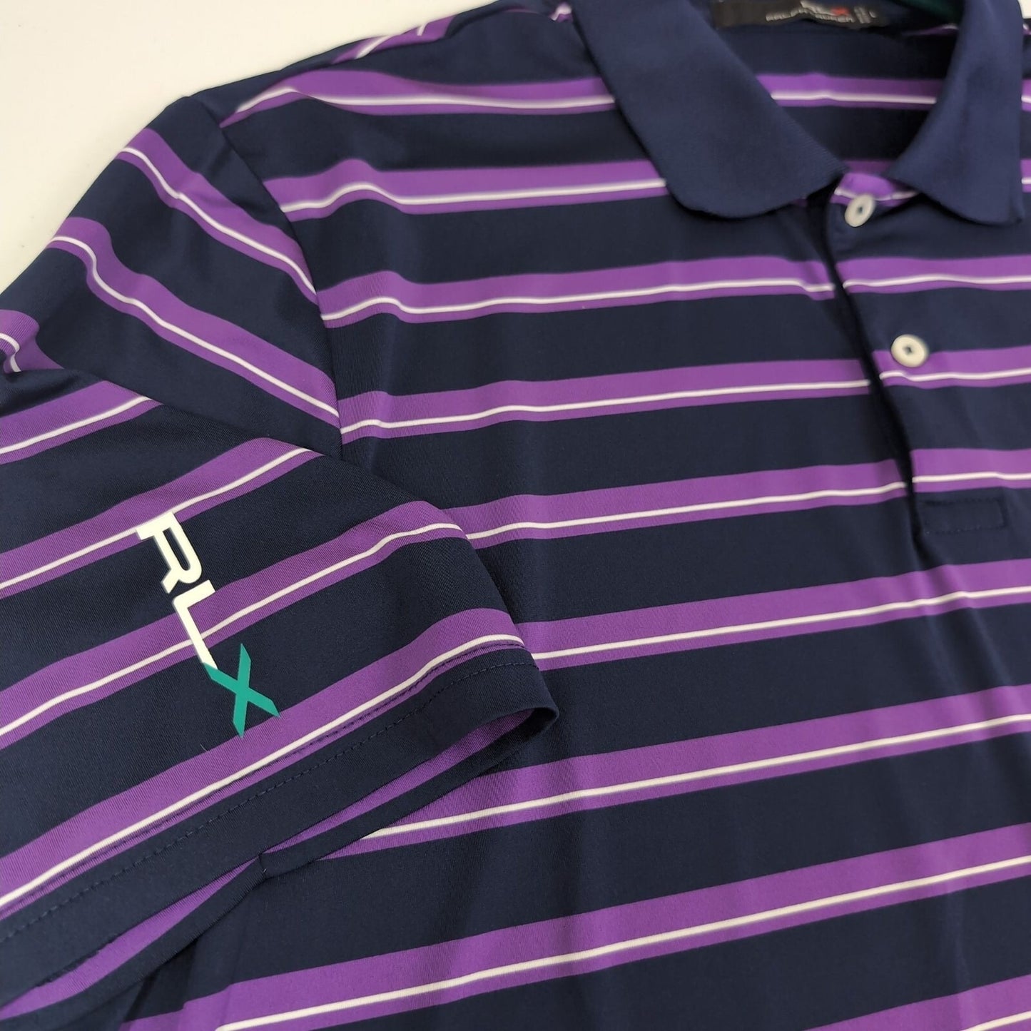 RLX Ralph Lauren Golf Polo Shirt L Navy Purple Stripe Performance Stretch