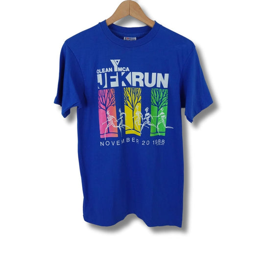 Vintage Marathon T-Shirt Blue 1988 YMCA JFK Run Olean New York 4K Size Small