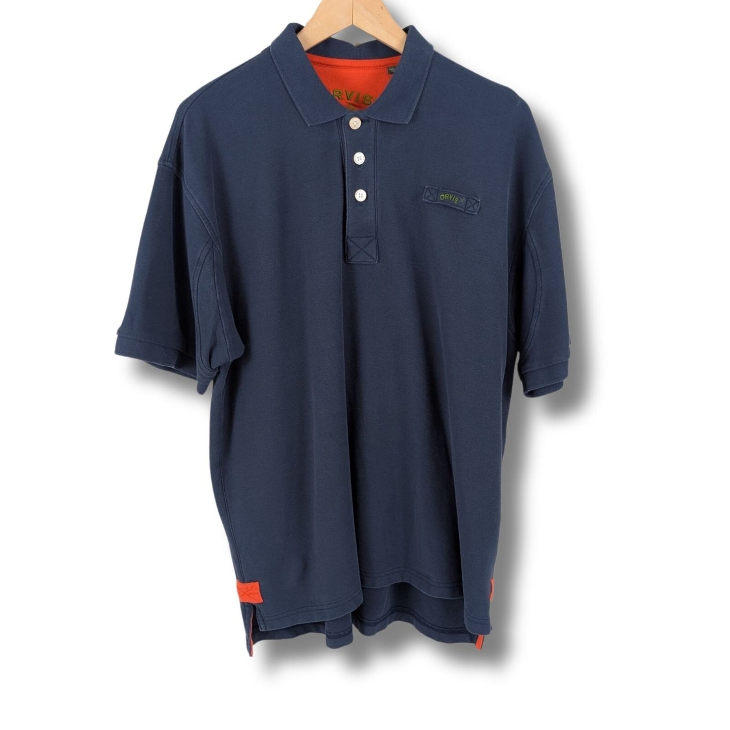 Orvis Men’s Polo Shirt Size Large Navy Blue 100% Cotton Fly Logo Made in Peru