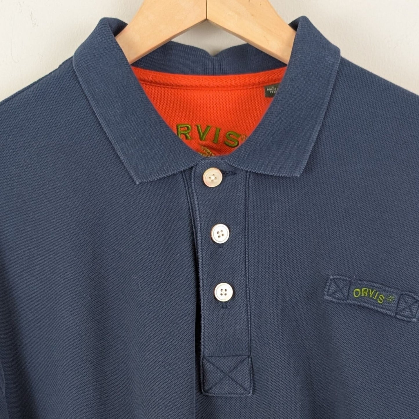 Orvis Men’s Polo Shirt Size Large Navy Blue 100% Cotton Fly Logo Made in Peru