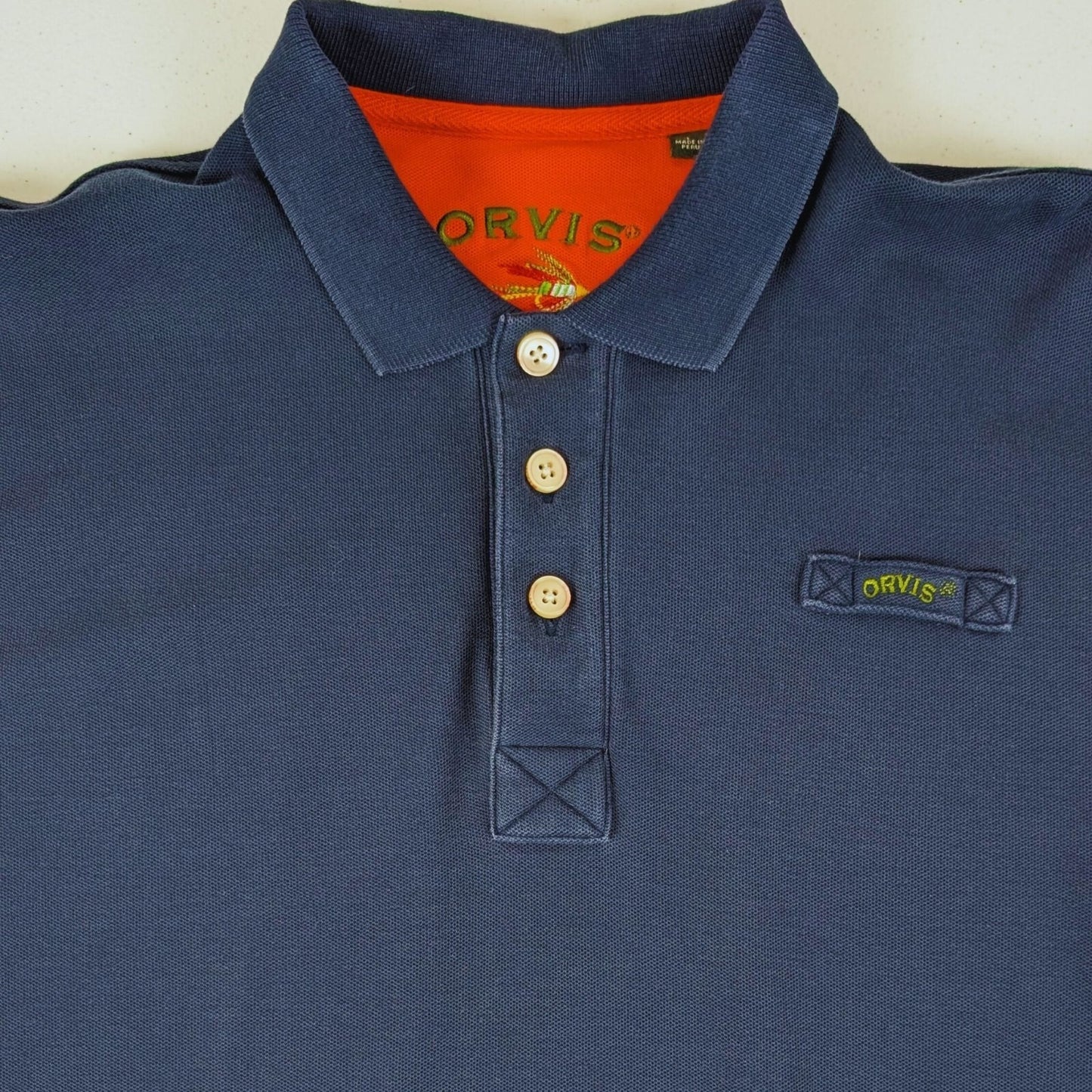Orvis Men’s Polo Shirt Size Large Navy Blue 100% Cotton Fly Logo Made in Peru