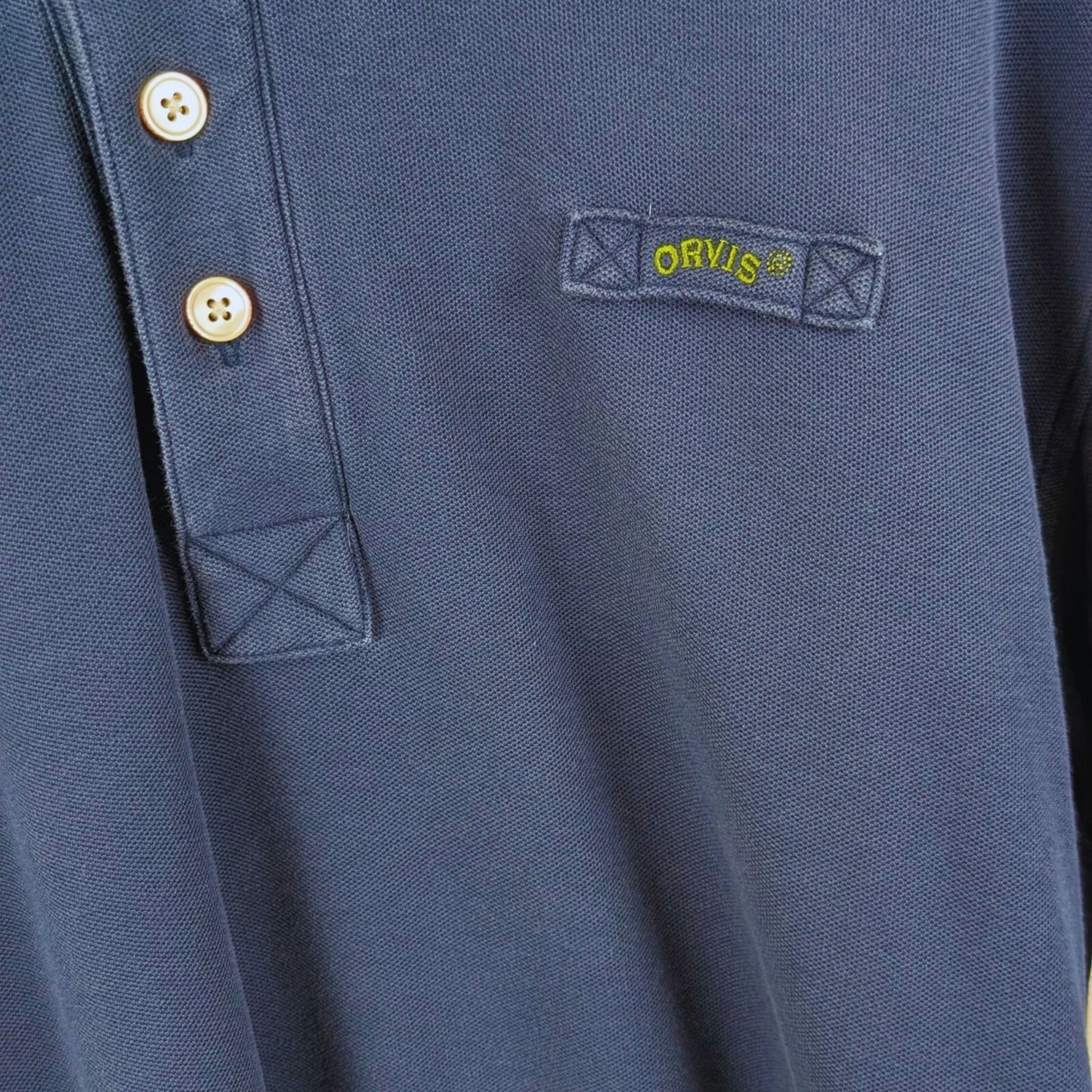 Orvis Men’s Polo Shirt Size Large Navy Blue 100% Cotton Fly Logo Made in Peru