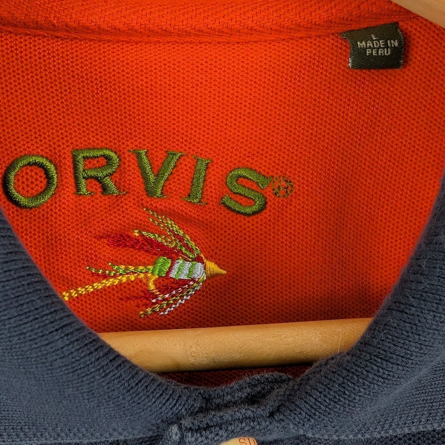 Orvis Men’s Polo Shirt Size Large Navy Blue 100% Cotton Fly Logo Made in Peru