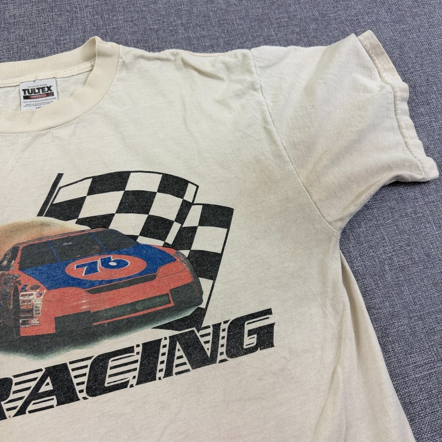 Vintage 90s Union 76 Racing T-Shirt Tultex Large NASCAR Graphic Stained Dirty