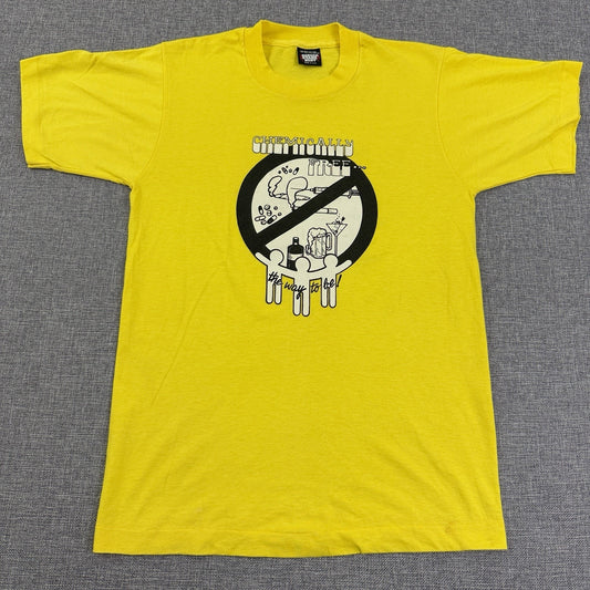 Vintage 90s Chemically Free Drug Awareness T-Shirt Yellow Size Small Pro Sober