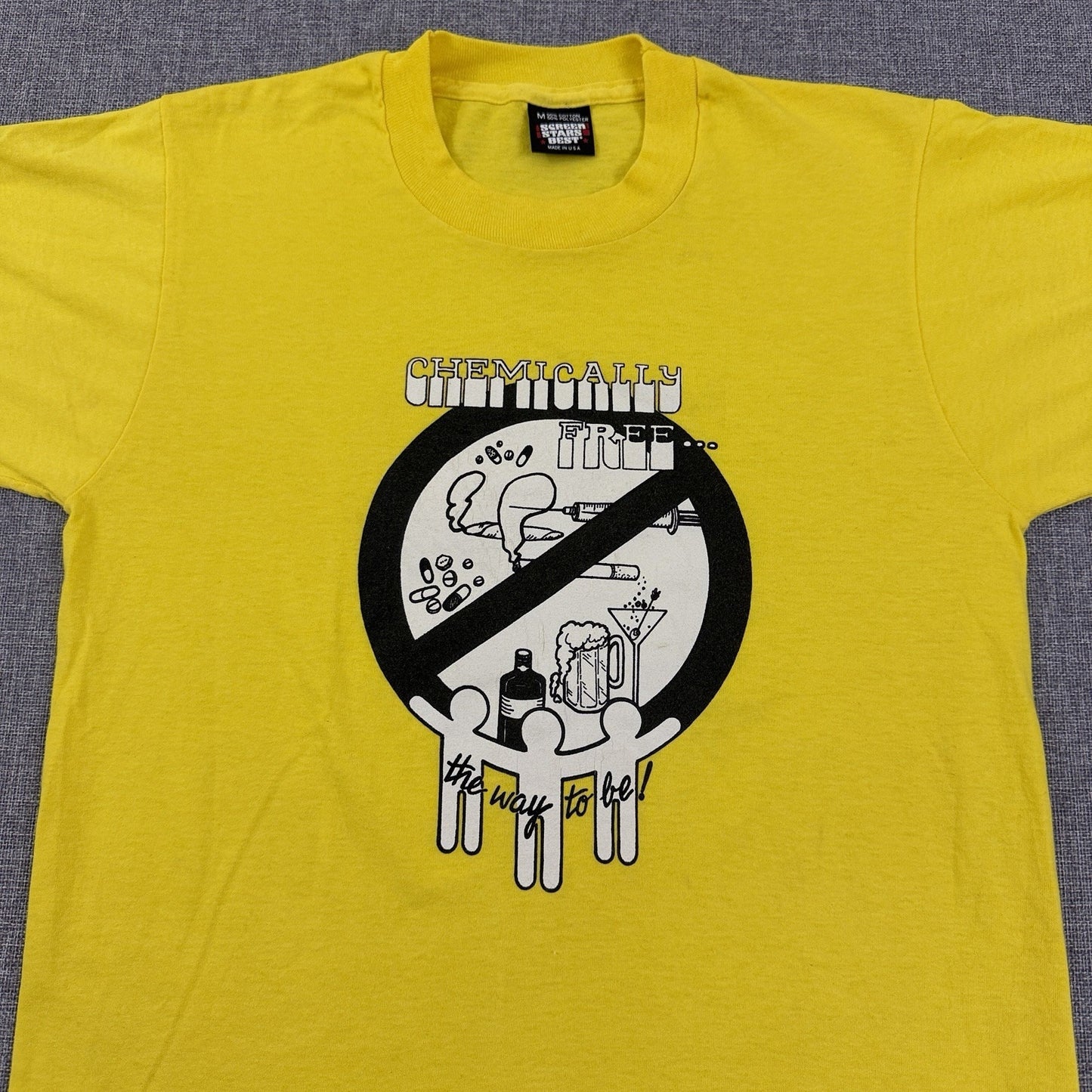 Vintage 90s Chemically Free Drug Awareness T-Shirt Yellow Size Small Pro Sober