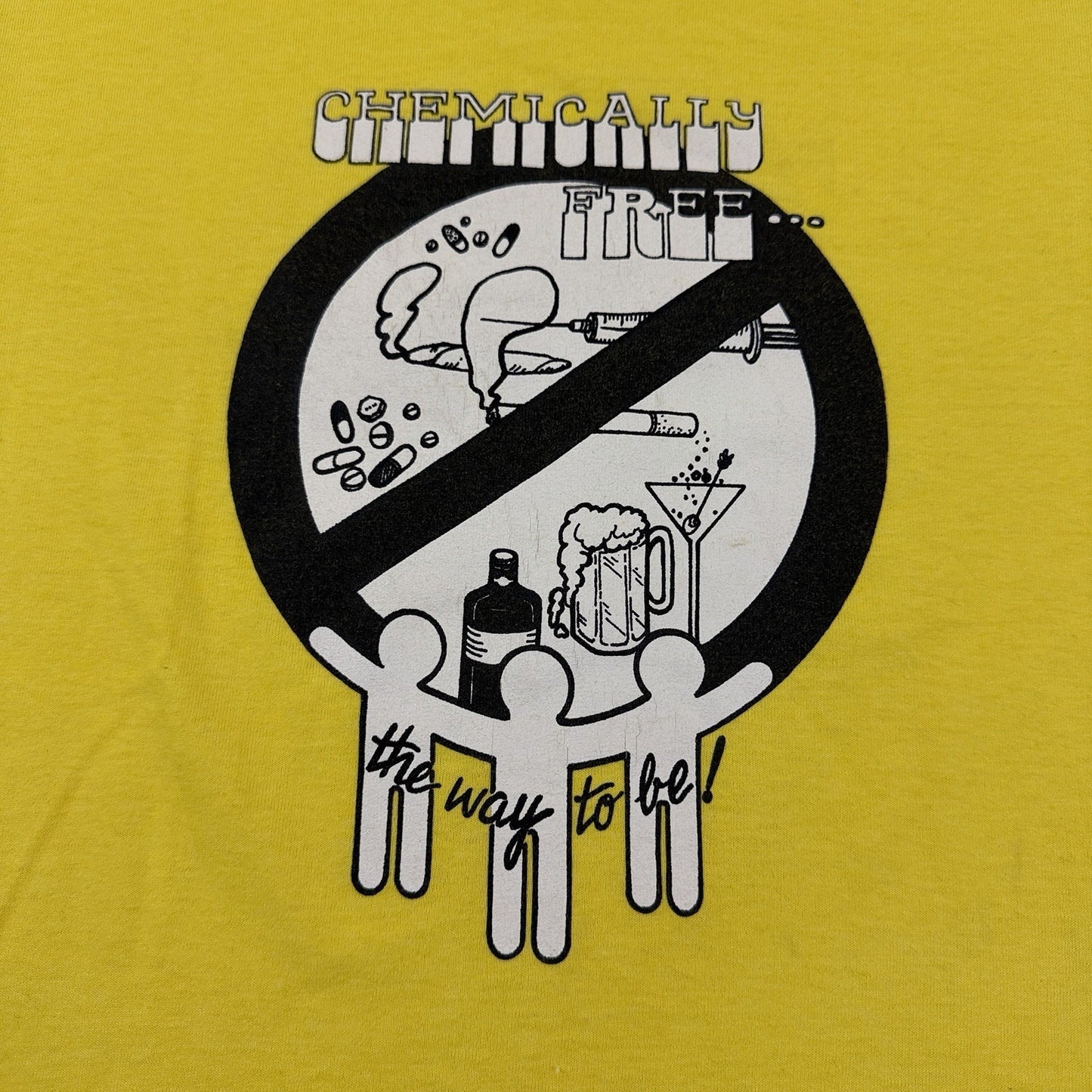 Vintage 90s Chemically Free Drug Awareness T-Shirt Yellow Size Small Pro Sober