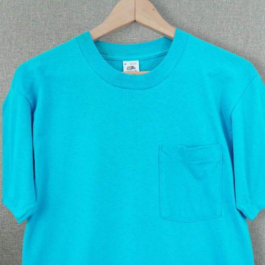 Vintage 80's Single Stitch FOTL Aqua Blue Blank Pocket T-Shirt - Size S